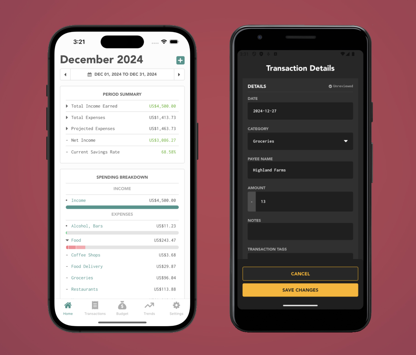 screenshots of the lunch money official companion app