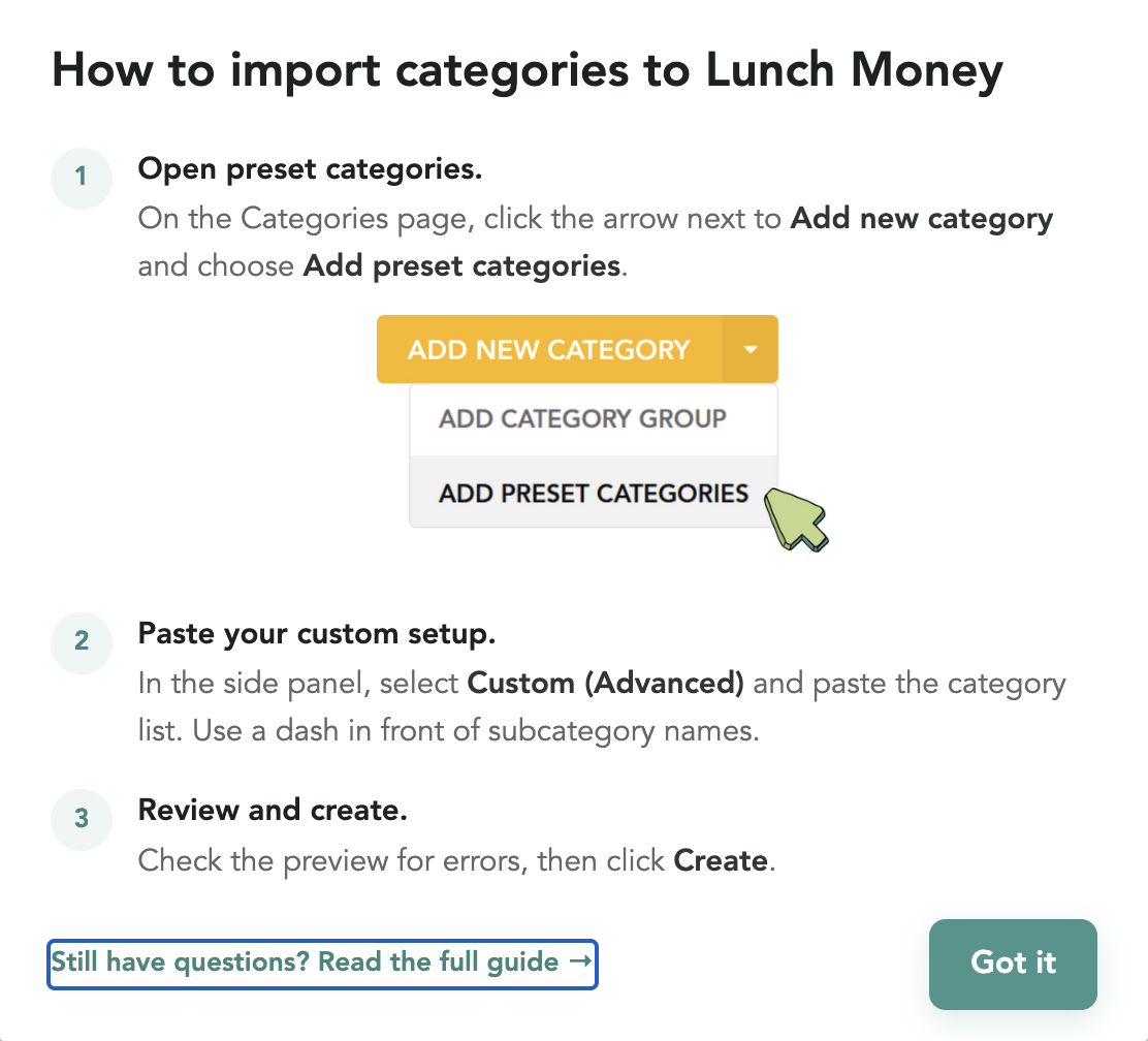 How to import categories to Lunch Money: open preset categories, paste your custom setup, review and create
