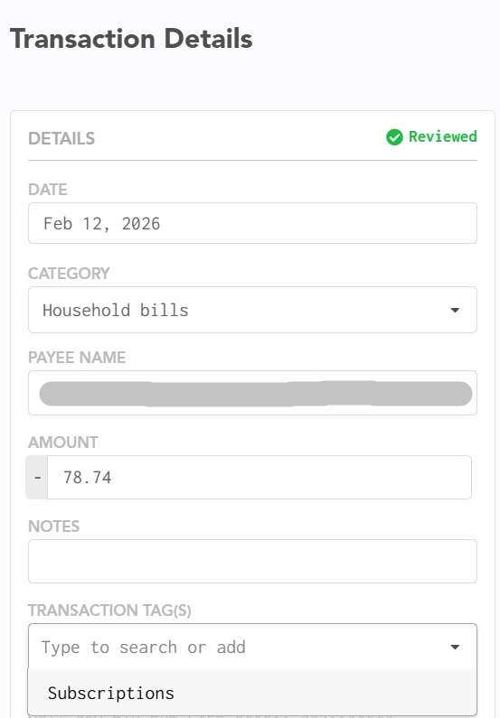 Adding a Subscriptions tag to a transaction in Lunch Money