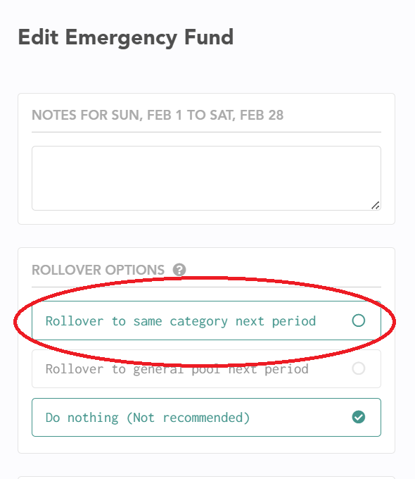 Rollover options for an Emergency Fund category in Lunch Money