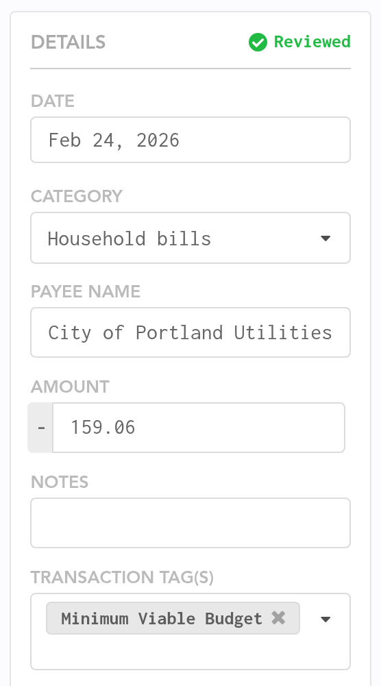 A Lunch Money transaction tagged Minimum Viable Budget