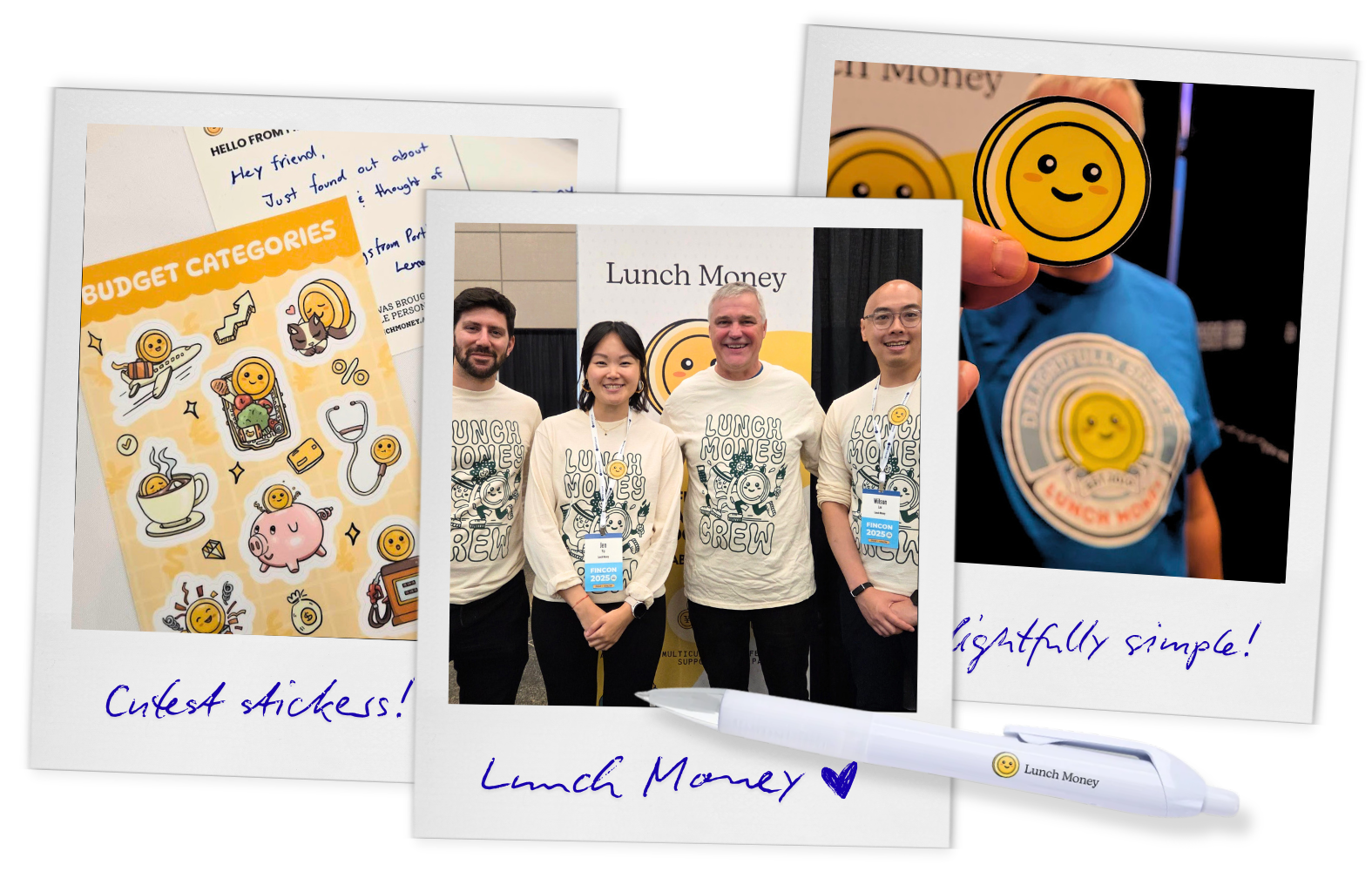 Lunch Money merch: sticker sheet, crew tees, logo sticker and pen