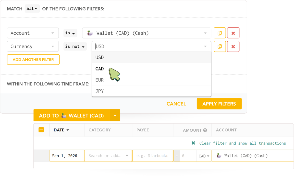 Advanced Filter with a currency condition, and an inline new transaction defaulting to the account’s currency