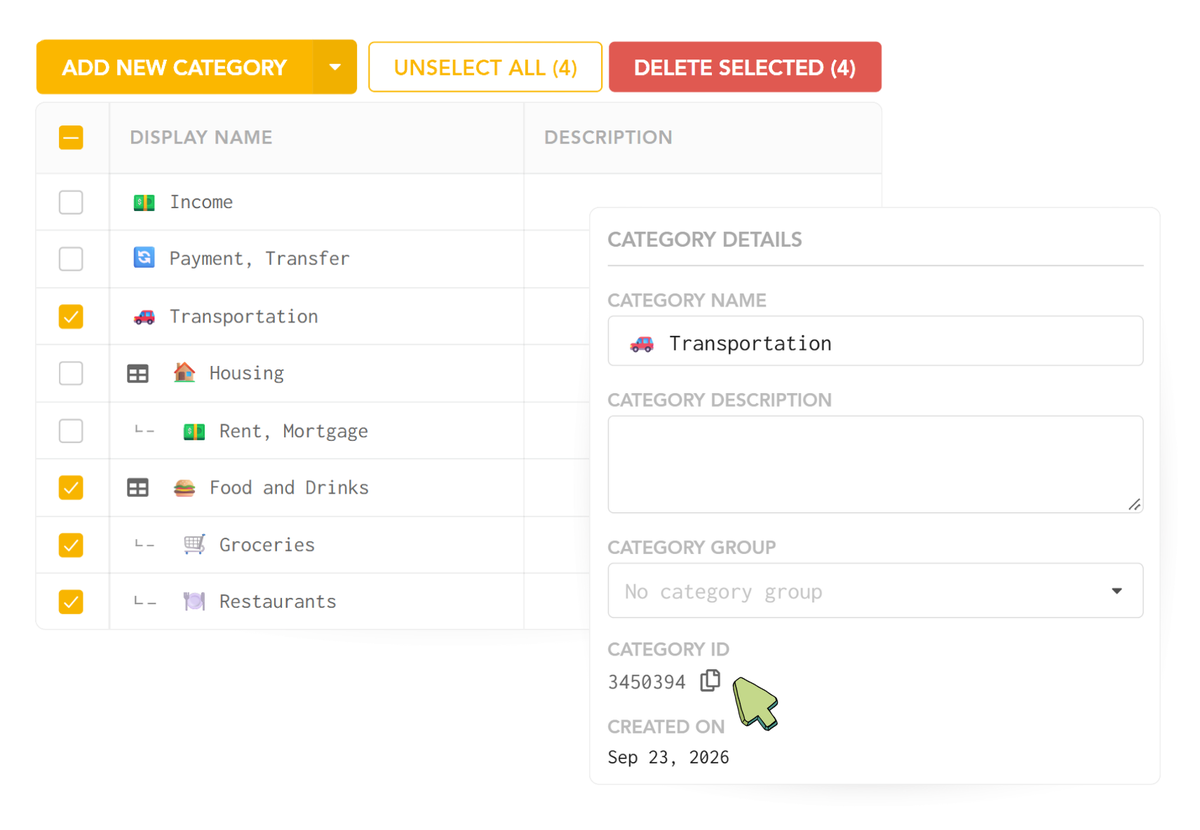 Categories page with bulk selection, and the category side panel showing a copyable Category ID