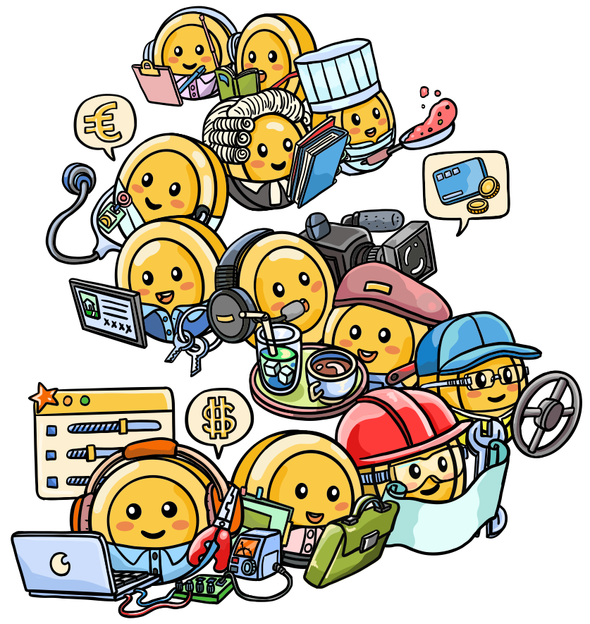 Illustration of diverse professionals represented as friendly gold coins — symbolizing teams supported by Lunch Money for Organizations