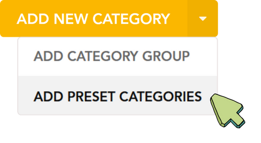 Add new category menu with Add preset categories selected